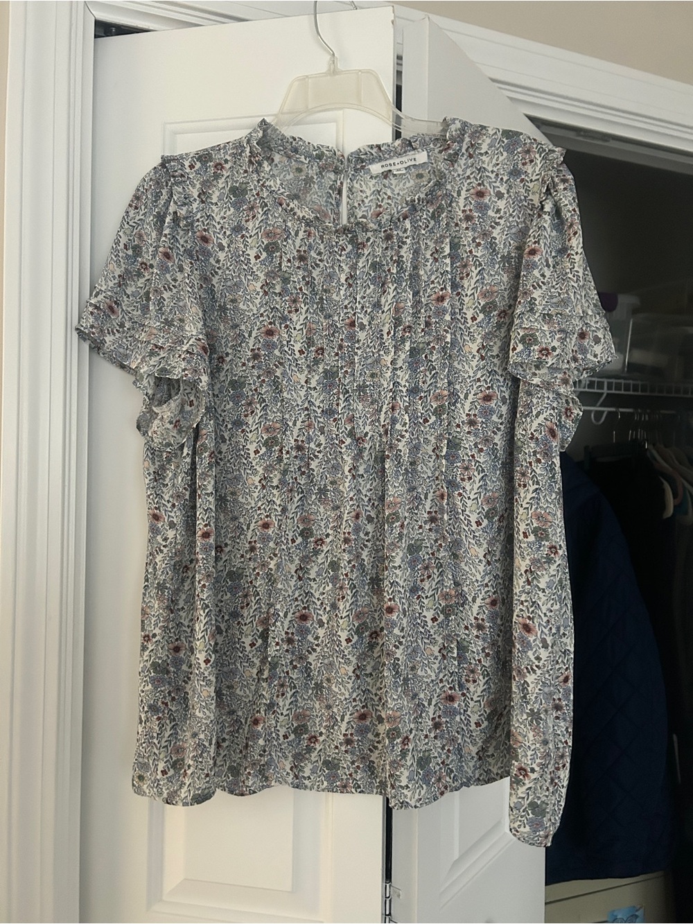 Rose & Olive Floral Pintuck Ruffle Sleeve Blouse - Blue/White/Pink